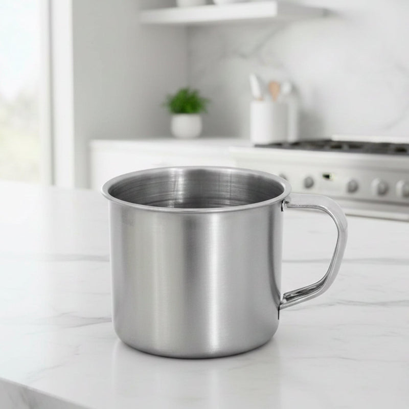 Steel drinking mug designed for home, camping, and travel utility