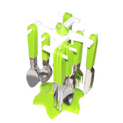 Complete 24-piece stainless steel cutlery set with a revolving stand on a dining table.