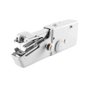 The  mini electric sewing machine held in hand, illustrating its portable scale.