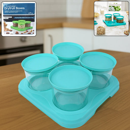 Mukhwas Dani Set – Airtight 4 Pc Jars with Stylish Tray by Organivo on a kitchen counter.