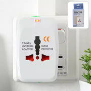 Universal travel adapter front view showing all plug types compatible globally