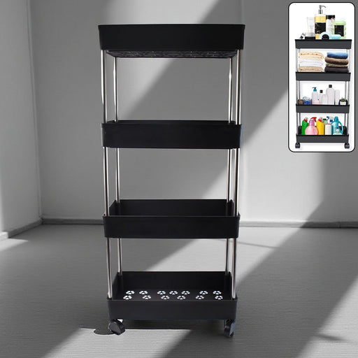 Movable storage rack trolley with four layers for kitchen and bathroom organization
