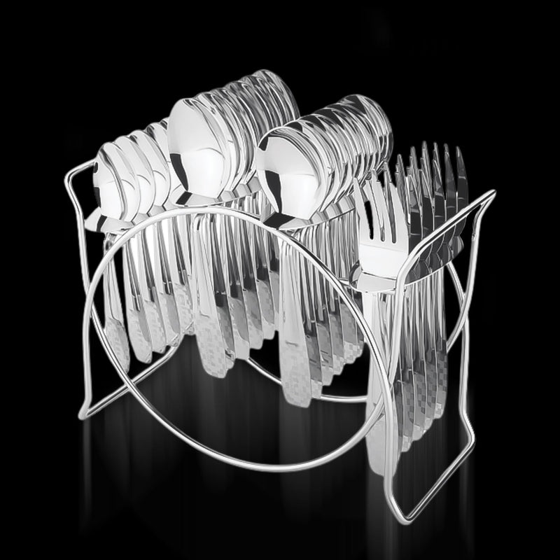 24-piece stainless steel cutlery set with elegant storage stand on table