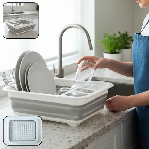 Dish drying rack in use on kitchen countertop