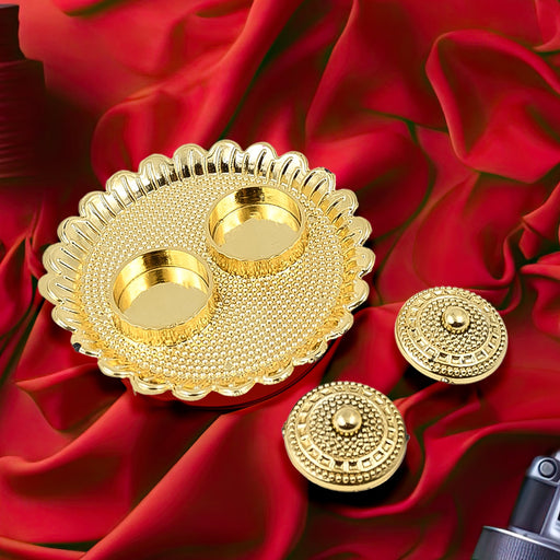 Beautiful round Puja Thali with multiple compartments for Kumkum and offerings.