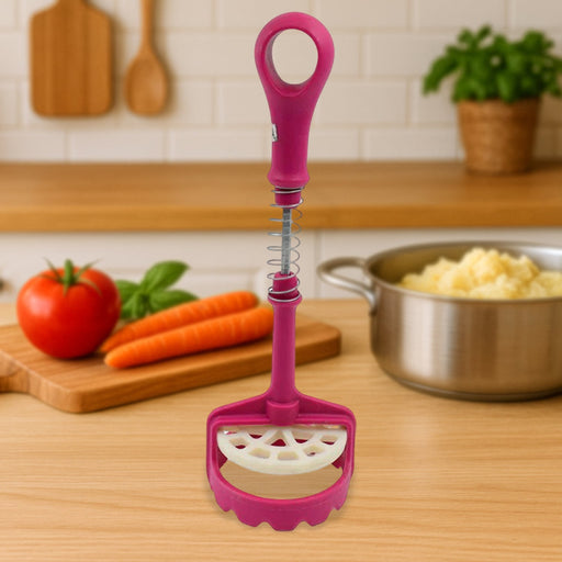 Stainless steel potato masher with ergonomic handle for smooth purees.