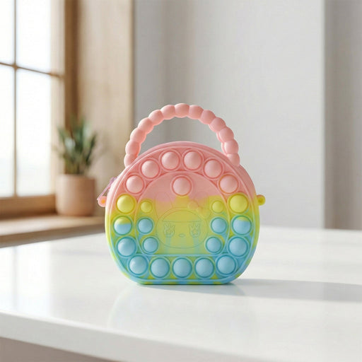 Rainbow round silicone pop it coin purse with zipper and beaded handle