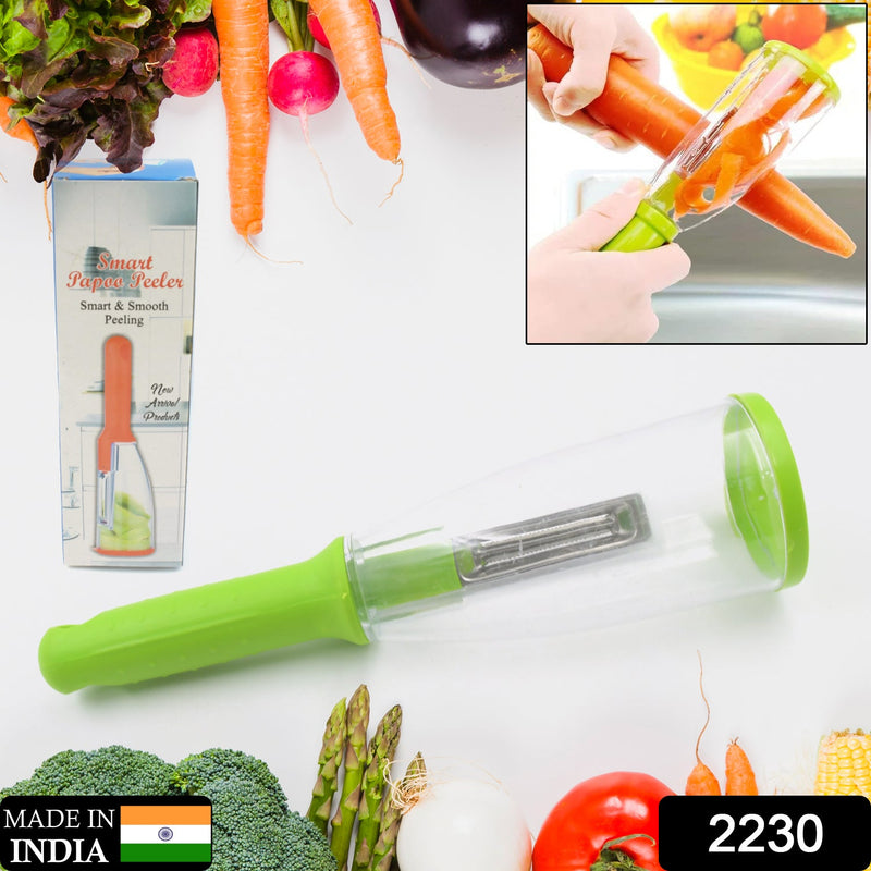 Ergonomic fruit peeler demonstrating its sharp stainless steel blade on a potato.