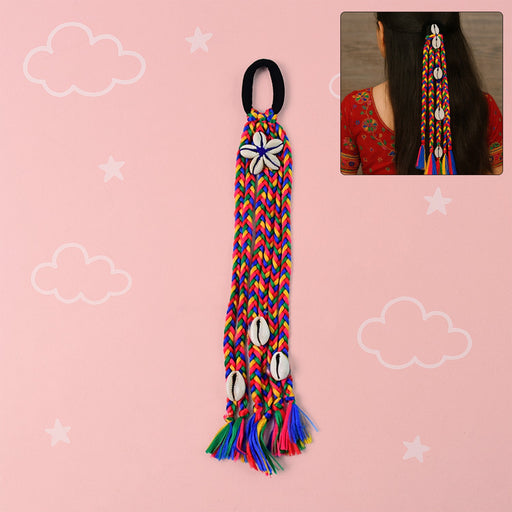 Traditional multicolor braided hair accessory with shells and tassels