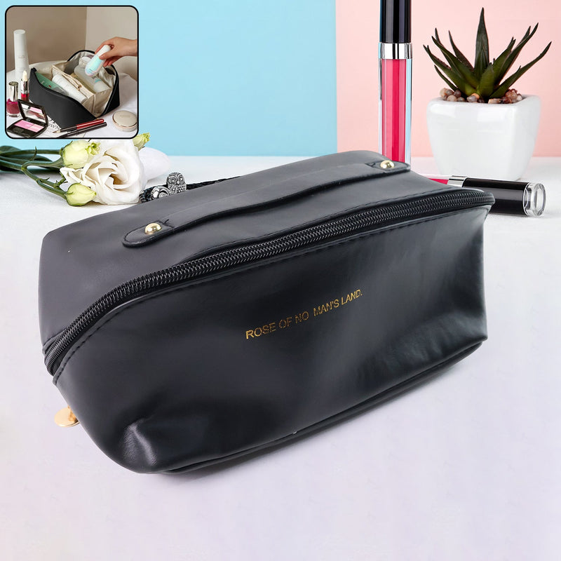 Black waterproof travel makeup organizer pouch with zipper and stitched handle