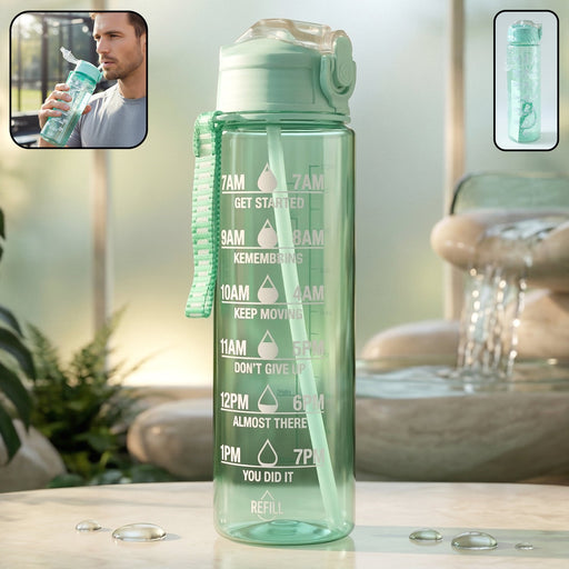 Motivational water bottle 900ML front view with time markers