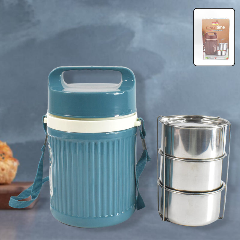 Three-compartment leakproof lunch box open, showcasing its spacious interior.