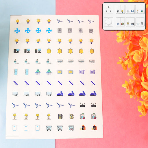 Switch Icon Sticker Sheet showing 88 visual labels for home and office switchboards