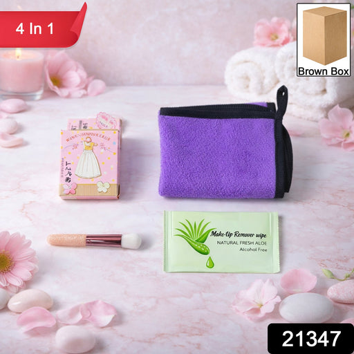 Using gentle makeup remover wipe and soft reusable cleansing cloth from beauty care set