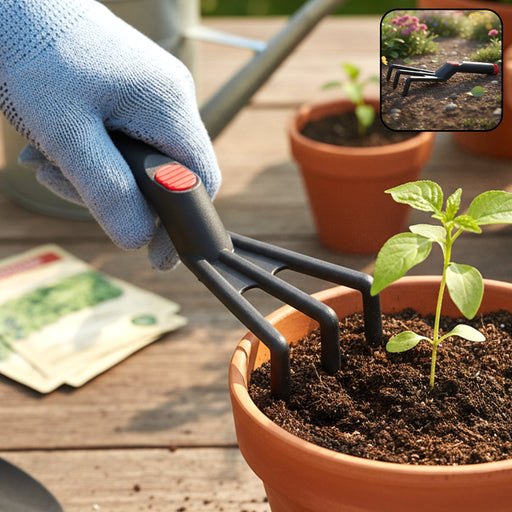 Plastic gardening tool in use for weeding and soil loosening