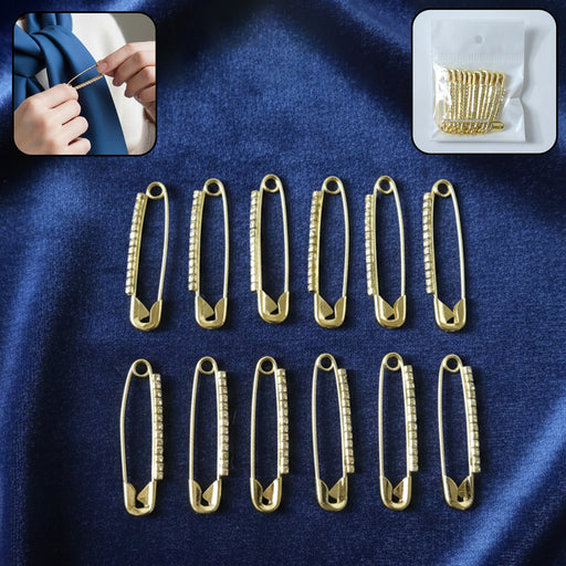 Set of golden safety pin brooches with embedded stones for shawls and scarves
