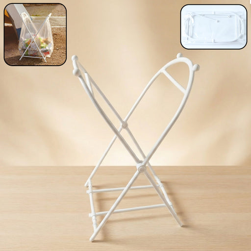 Foldable garbage bag holder stand with a waste bag securely held in place