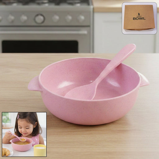 Premium kids feeding bowl with spoon showing easy-grip handles