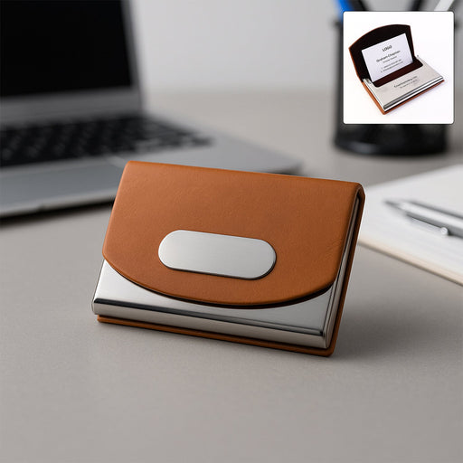 Premium leather business card holder with stainless steel base and brown PU leather