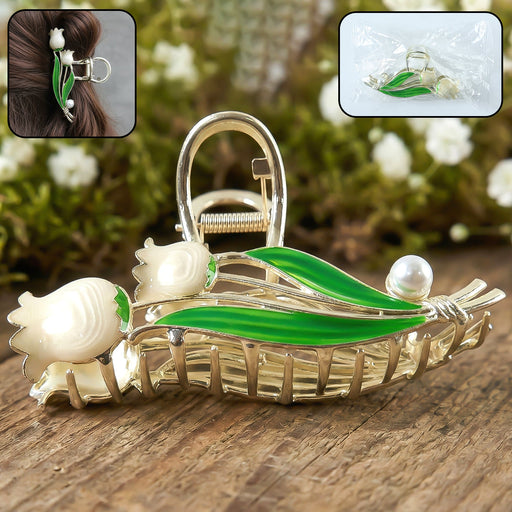 Elegant floral hair claw clip with pearl and leaf accent for secure hold