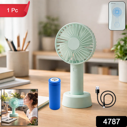 Side profile of the compact portable fan, showcasing its slim design for easy carrying.
