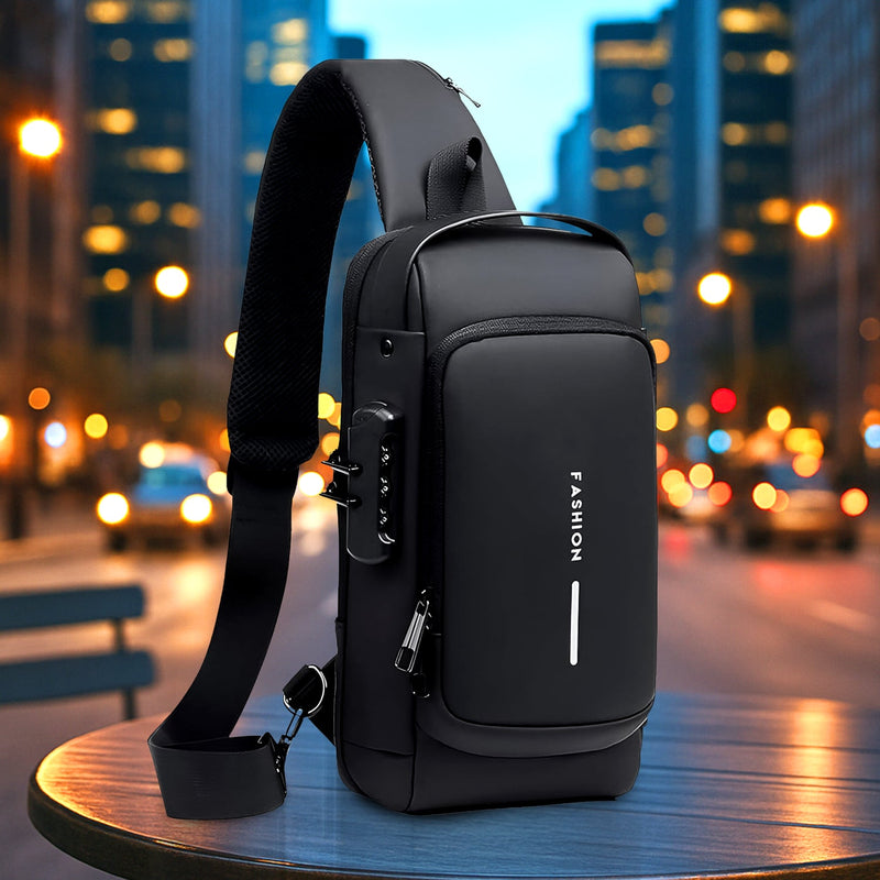 Black anti-theft crossbody sling bag featuring USB charging port and sleek design