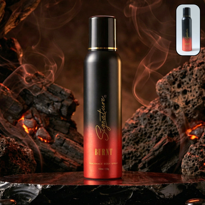 Signature men's burnt fragrance body spray in black and red packaging