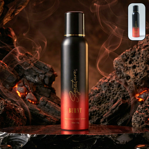 Signature men's burnt fragrance body spray in black and red packaging