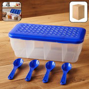 Airtight 4-section storage container with 4 spoons, full of spices on a white background.