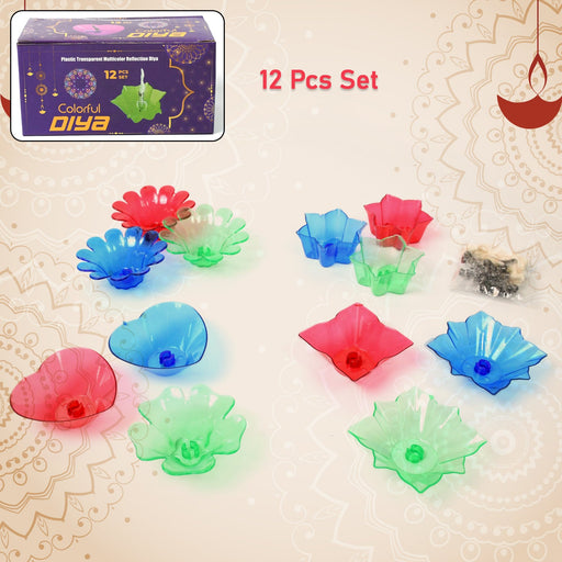 Close-up of a vibrant Reflection Diya Set featuring unique plastic diya designs.
