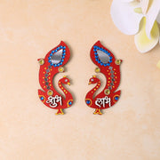 Handcrafted wooden Shubh Labh wall hanging with intricate mirror and stone decorations