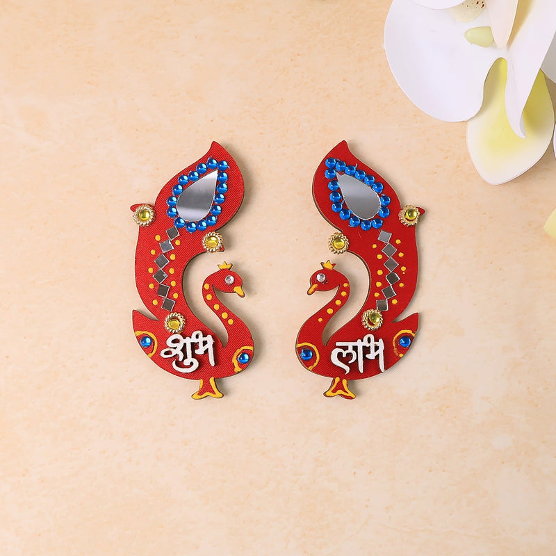 Handcrafted wooden Shubh Labh wall hanging with intricate mirror and stone decorations