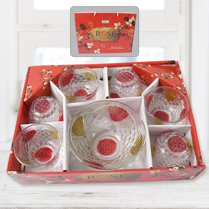 Rose glass Multipurpose Pudding / Dessert / Ice Cream Bowl Set for Home use, Home & Kitchen Serving Bowl for Sundae, Sweets, Snacks, Fruit, Pudding, Nuts or Dip, Serving Bowls 6 Medium & 1 Big Bowl (Set of 7 pc)
