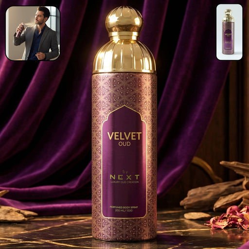 Next Velvet Oud premium perfumed body spray 200 ml bottle showing elegant design