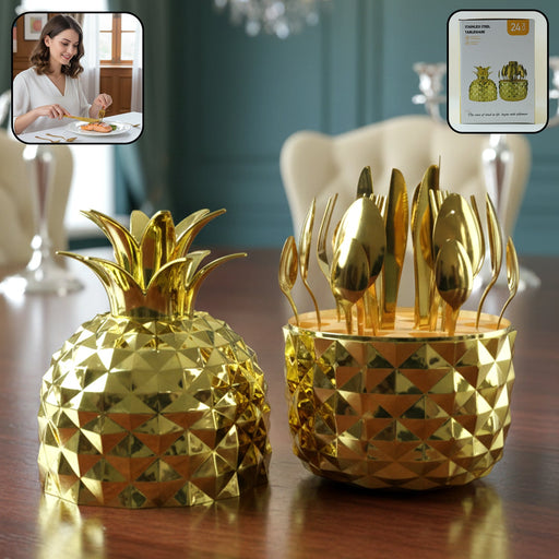 Gold stainless steel cutlery set displayed with a unique pineapple storage stand
