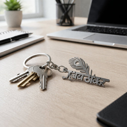 metal peepal leaf design keychain with religious symbol