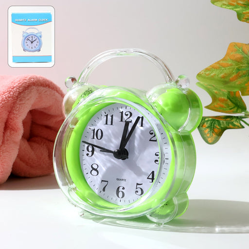 Front view of quartz analog alarm clock with bright green transparent frame
