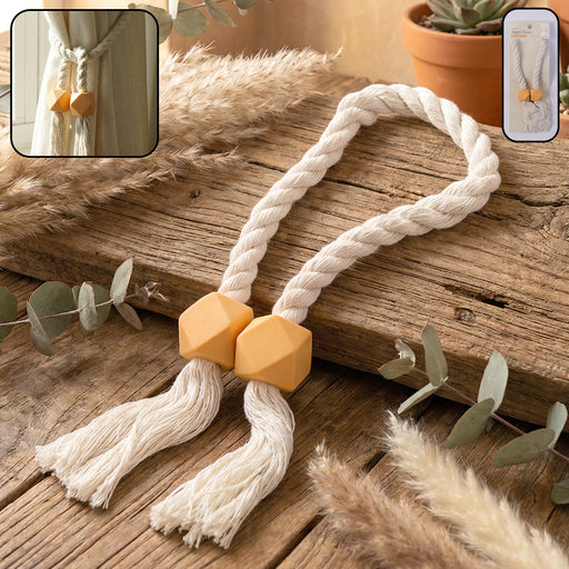 Magnetic curtain tieback with braided rope and decorative beads.