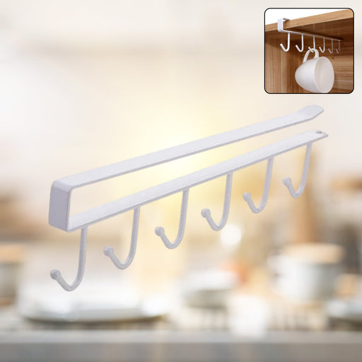 Metal under-shelf storage rack with 6 hooks holding coffee mugs