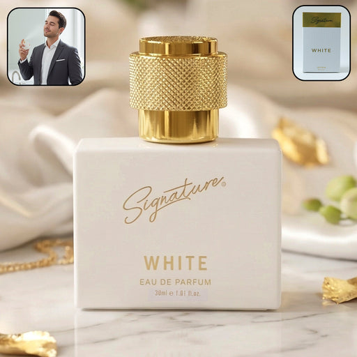 Signature premium white eau de parfum 30 ml bottle on elegant display
