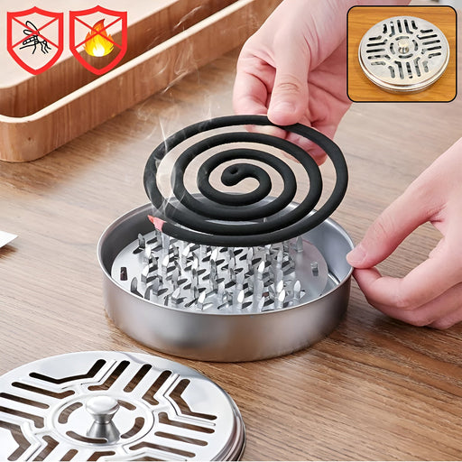 Stainless steel mosquito coil stand with vented lid keeping mosquito coil secure