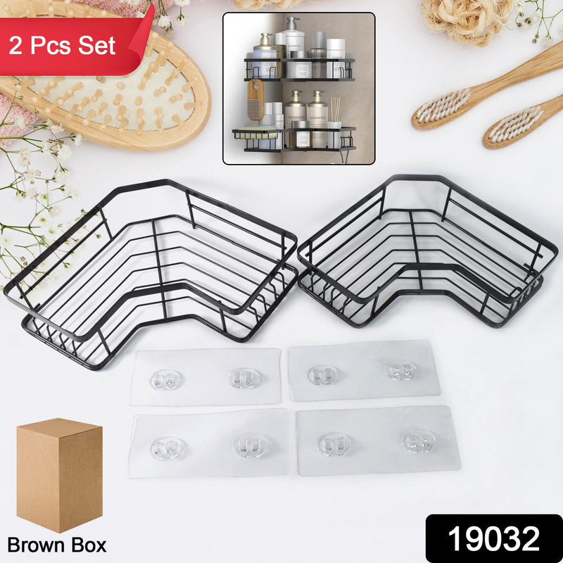 Close-up of self-adhesive black iron-coated stainless steel corner shelf organizer with hooks
