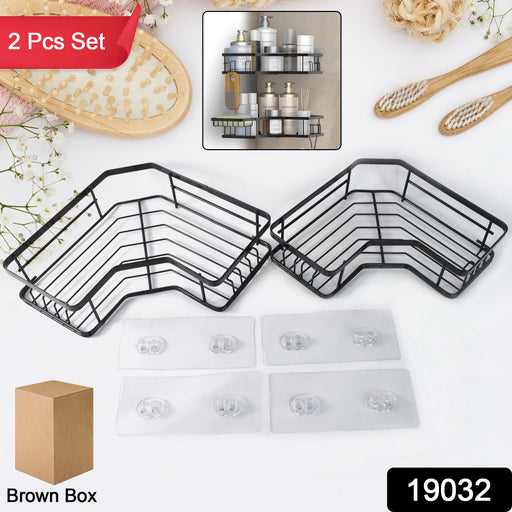 Close-up of self-adhesive black iron-coated stainless steel corner shelf organizer with hooks