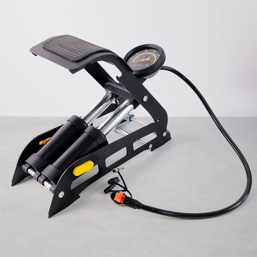 Portable dual-cylinder foot air pump for quick tire inflation on cars and bikes.