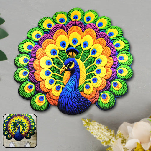 Front view of round peacock design anti-slip floor mat with soft velvet surface
