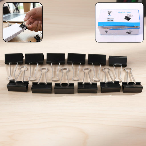 Set of 12 black metal binder clips for document holding