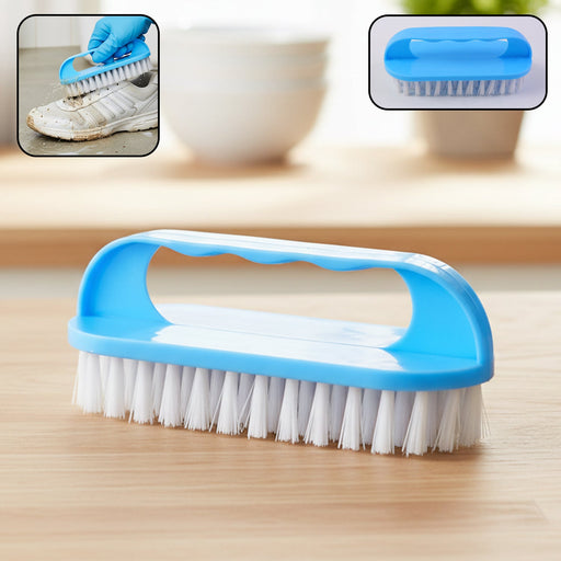 Handheld cleaning scrub brush with ergonomic handle and strong bristles for heavy-duty use.