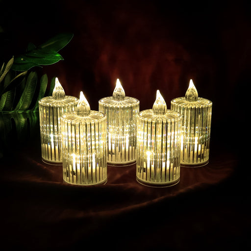 Set of five LED flameless candle lights with crystal-effect ribbed design