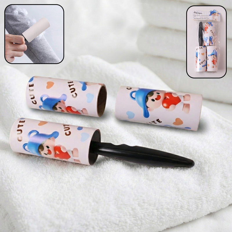 Reusable sticky lint roller set with handle and two refill adhesive rolls