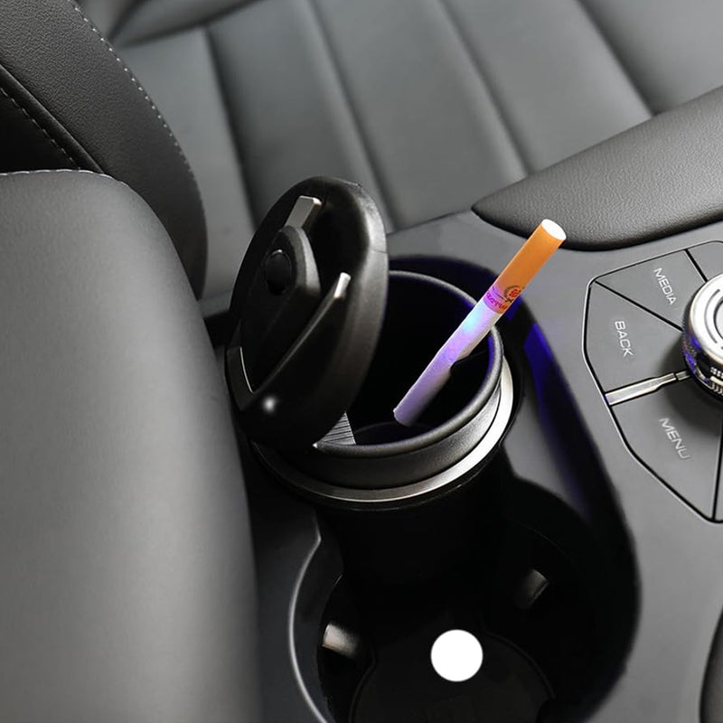 Portable car ashtray with secure lid and glowing blue LED light